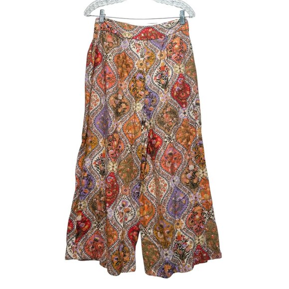 Farm Rio Toscana Pleated Wide Leg Pants Womens Small Orange Linen High Rise Boho - Picture 4 of 16